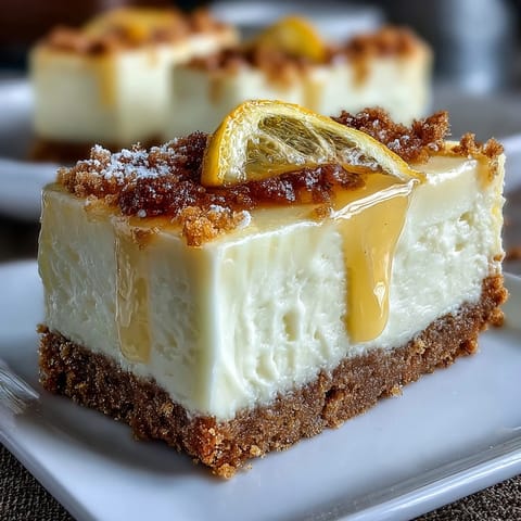 Bright limoncello cheesecake bars with a buttery graham cracker crust, garnished with lemon zest for a zesty, refreshing dessert.