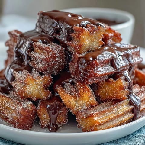 Golden cinnamon sugar churro bites, crispy on the outside and tender inside, served with a warm, glossy chocolate dipping sauce for Cinco de Mayo celebrations.