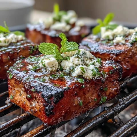 Grilled Watermelon Salad with Feta and Mint: Juicy watermelon wedges char-grilled to perfection, topped with creamy feta and fresh mint.