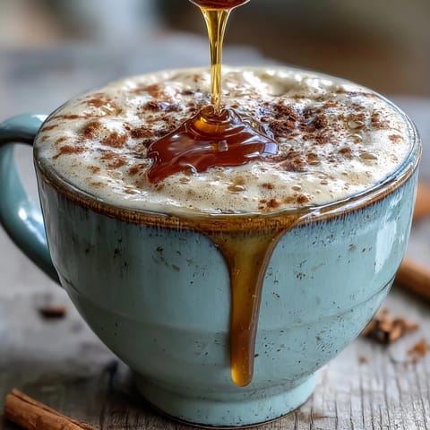Creamy dandelion tea latte with oat milk and honey, served in a cozy mug with a sprinkle of cinnamon.