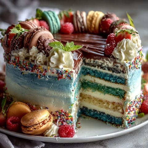 Grad party dessert board with mini treats and cake slices, bursting with colorful fruits, macarons, and festive garnishes for a celebratory spread.  