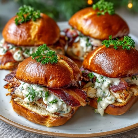 Miniature Kentucky Hot Brown sandwiches on brioche buns with turkey, bacon, and creamy Mornay sauce, baked until golden and topped with parsley.