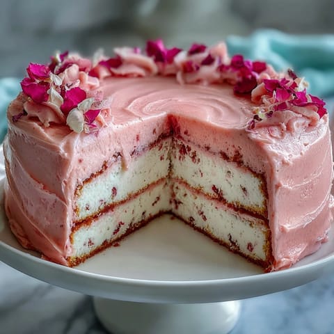 Pink ombre buttercream cake with vanilla sponge and edible flowers, perfect for Mothers Day celebrations.