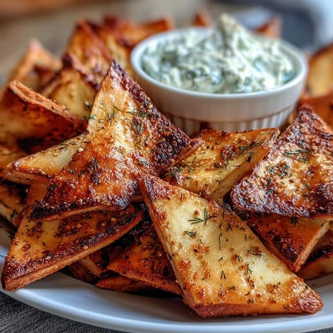 Homemade pita chips with tzatziki — crispy golden wedges beside a cool, herby cucumber yogurt dip.