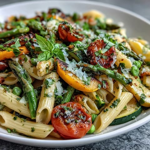 Spring Pasta Primavera with Fresh Veggies in a bright, herby lemon sauce, bursting with colorful seasonal vegetables and Parmesan.