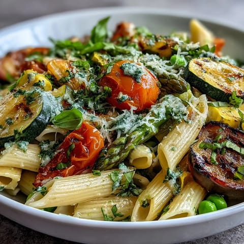 Vibrant spring pasta primavera loaded with crisp zucchini, asparagus, and cherry tomatoes, tossed with fresh basil and lemon zest.