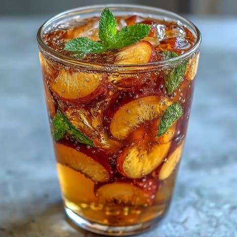 A sparkling glass of mango peach tea with fresh fruit slices and mint leaves.