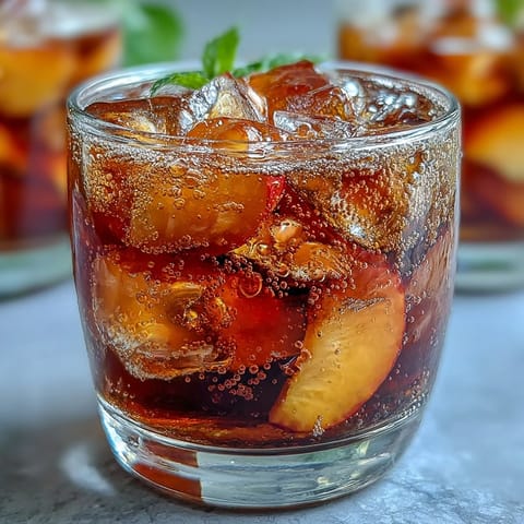 Vibrant mango peach sparkling tea poured over ice with juicy fruit garnish.