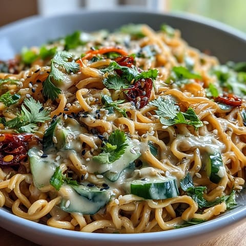 Cold sesame noodle bowl with cucumber and herbs, a vibrant and refreshing vegetarian lunch.  