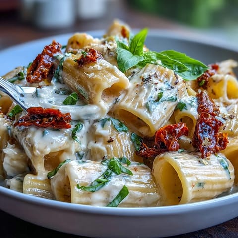 Creamy Marry Me Pasta with sun-dried tomatoes and parmesan in a rich sauce, garnished with fresh basil.