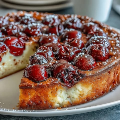 Fresh cherry clafoutis with vanilla bean custard baked to golden perfection.  
