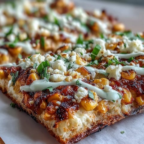 Festive Cinco de Mayo flatbread with charred corn, cotija cheese, and jalapeño crema drizzled on top.  