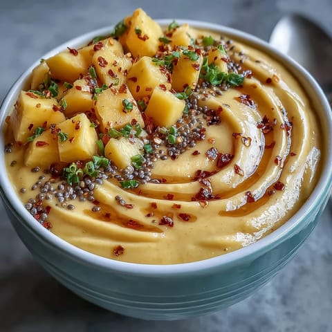 A vibrant mango chili lime smoothie bowl topped with fresh kiwi, granola, and coconut for a refreshing breakfast treat.
