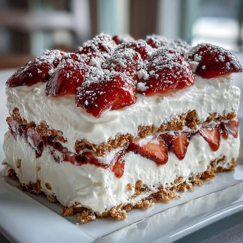 Festive no-bake icebox cake with layers of whipped cream, graham crackers, and fresh strawberries—ideal for Memorial Day celebrations.
