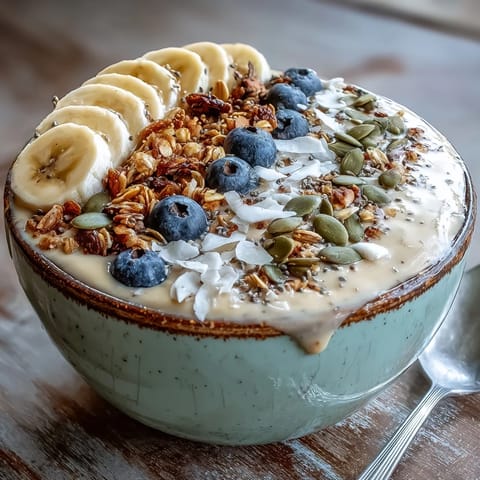Luscious High Fiber Smoothie Bowl topped with fruit and crunchy granola.