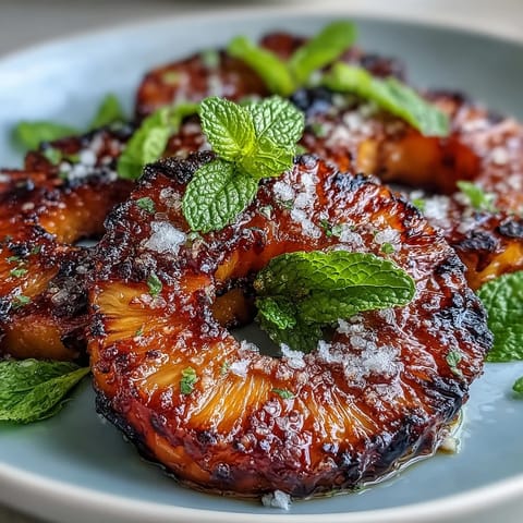 Sweet grilled pineapple spears topped with melting citrusy yuzu kosho butter and mint.