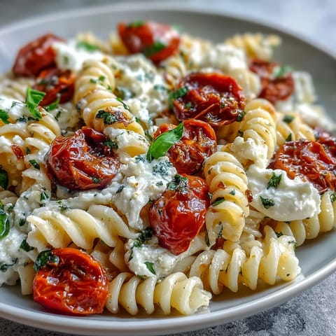 Summer Caprese Pasta with creamy burrata, bright tomatoes, and basil.
