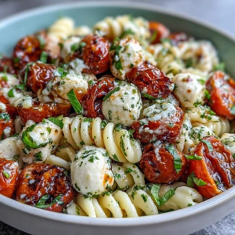 Caprese pasta salad bursting with fresh basil pesto and creamy mozzarella pearls.