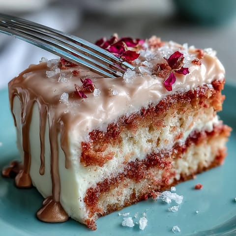 Luscious Rosé Velvet Cake, a pastel masterpiece with shimmering gold accents, ready to serve.
