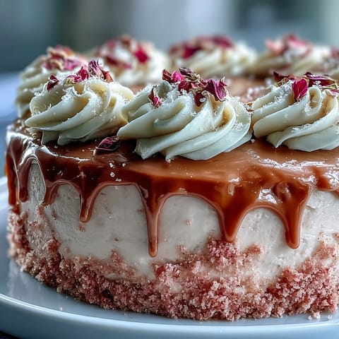 Luxurious rosé velvet cake, artfully adorned with a metallic gold drip.