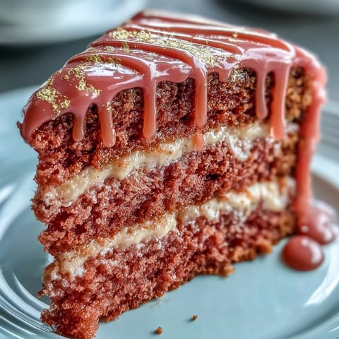 Elegant Rosé Velvet Cake with shimmering gold drip, ready for a celebration.