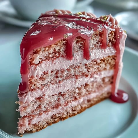 Blushing pink Rosé Velvet Cake, sumptuously frosted and adorned with edible gold.