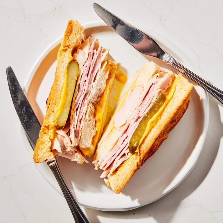 Close-up of a warm Cuban sandwich, steam rising from melted cheese and tender pork, served with yellow mustard and plantain chips.