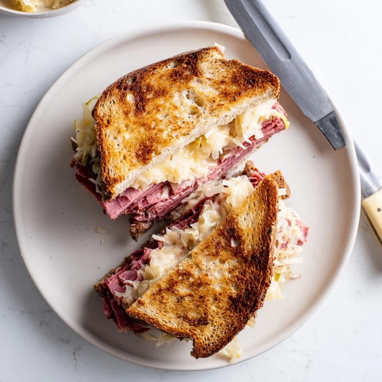 Close-up of a Reuben Sandwich ingredients assembly: Russian dressing spread on rye, layers of corned beef, Swiss cheese, and sauerkraut ready to grill.
