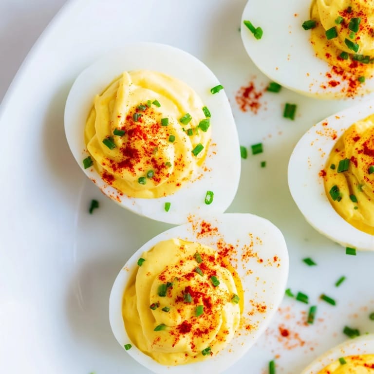 Creamy yolk filling piped into halved eggs for a classic appetizer.