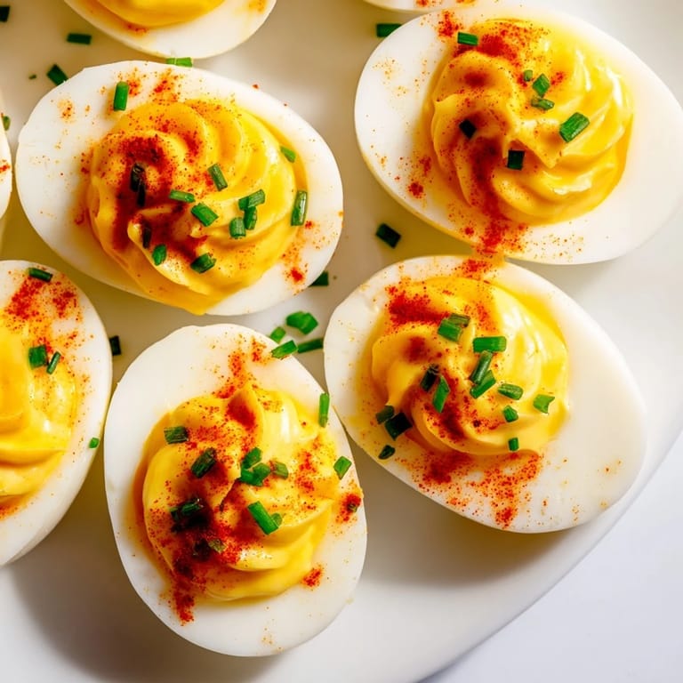 Served chilled deviled eggs with Dijon mustard and a smoky garnish.