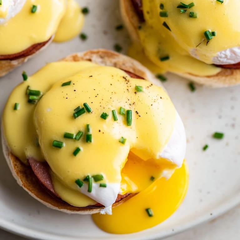 Restaurant-style Eggs Benedict plated with chive garnish, lemony hollandaise, and perfectly poached eggs.