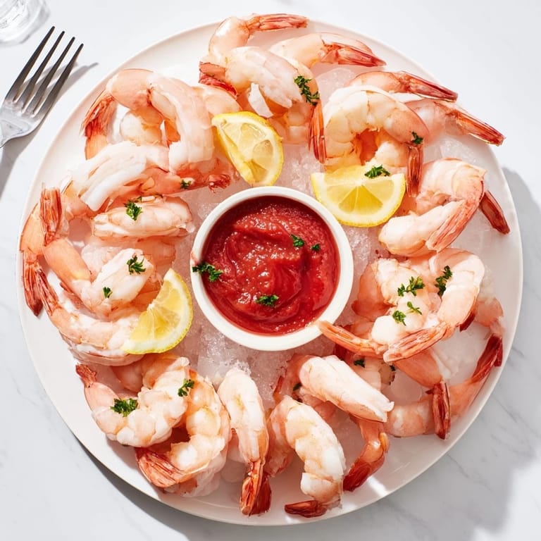 Peel-and-eat shrimp cocktail presented with bold horseradish kick and fresh lemon garnish.