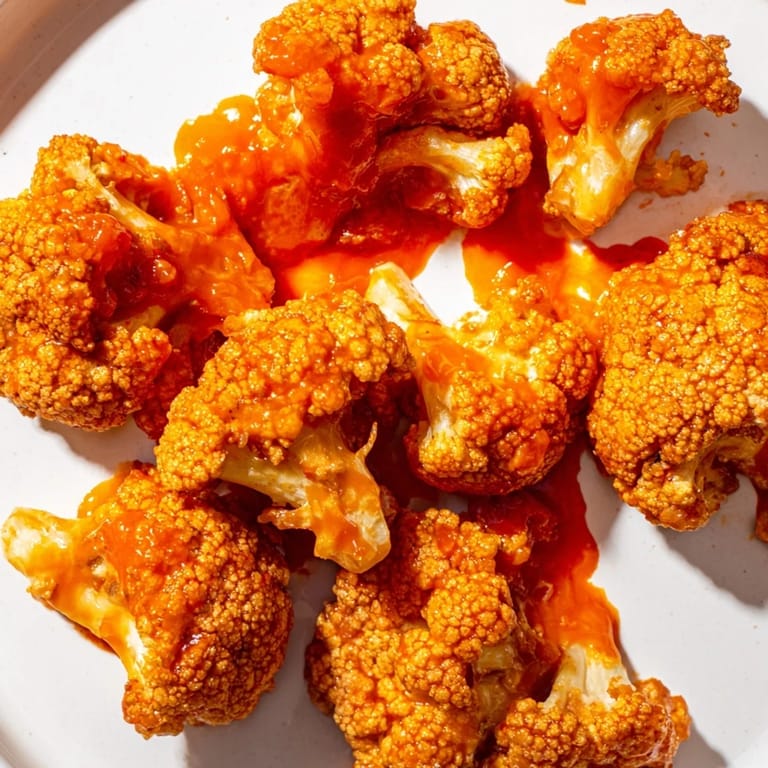 Buffalo Cauliflower Wings arranged on a platter with fresh celery and carrot sticks for dipping.