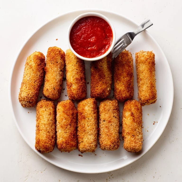 Golden brown Mozzarella Sticks fried to perfection, with crunchy breadcrumbs and gooey melted cheese ready for dipping into marinara.