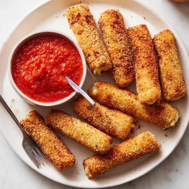 Freshly fried Mozzarella Sticks lined on a paper towel, showing a crispy exterior and a cheesy center pull, paired with red dipping sauce.