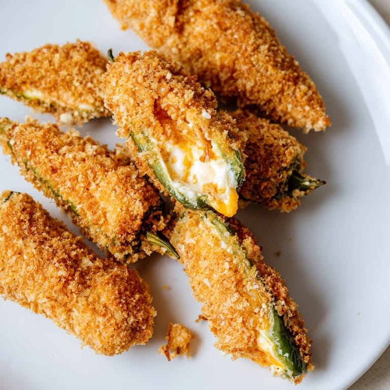 Breaded jalapeño poppers arranged on a plate with fresh jalapeños and ranch dressing.