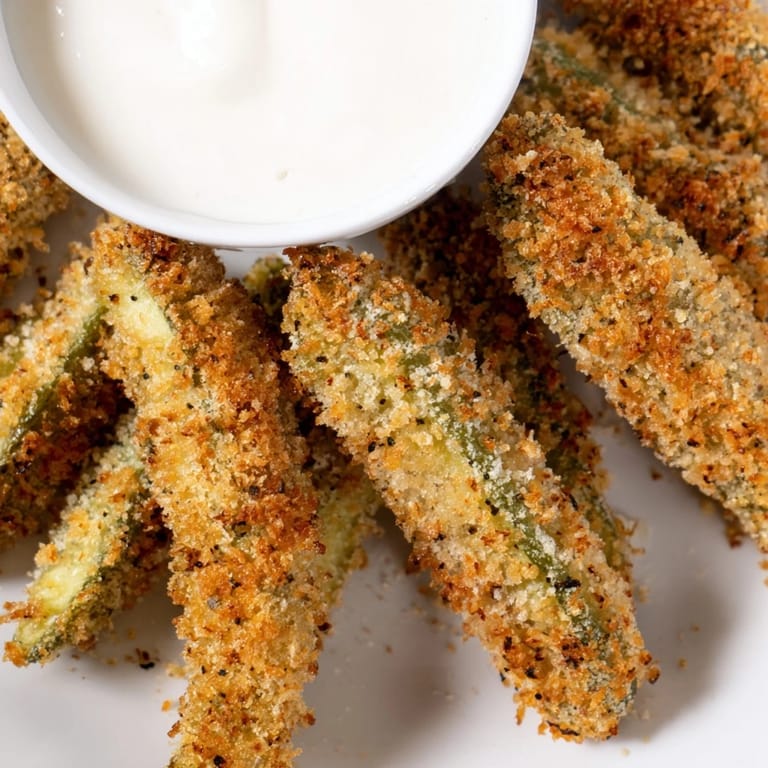 Freshly fried Fried Pickles on parchment paper with a side of creamy ranch for dipping.