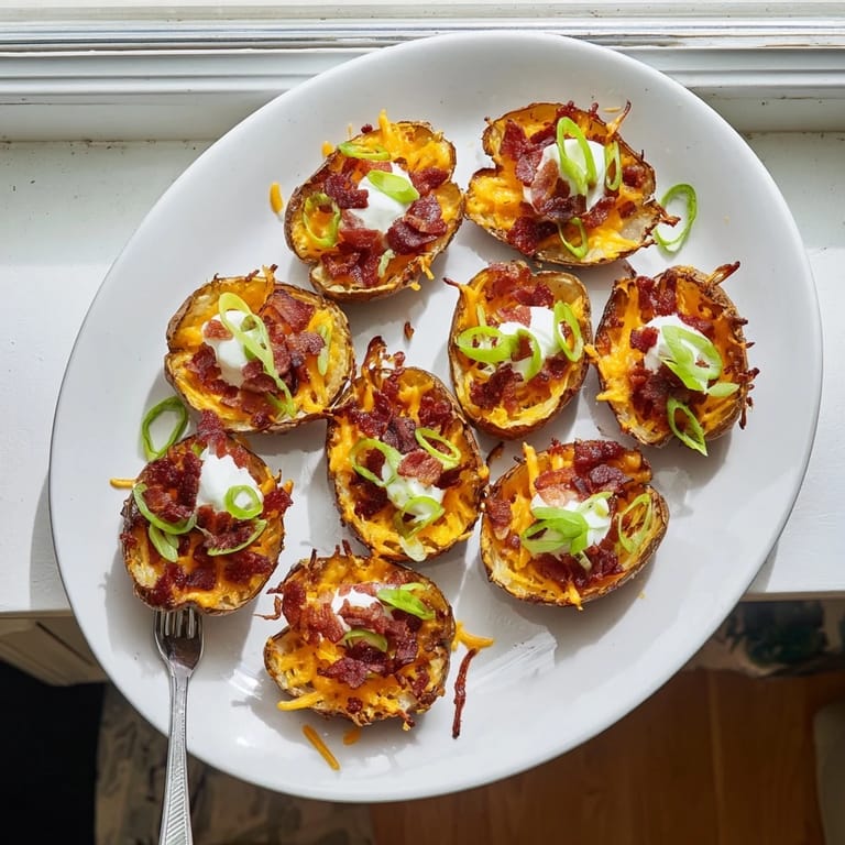 Rustic serving platter with golden baked Potato Skins garnished with sour cream and green onions.