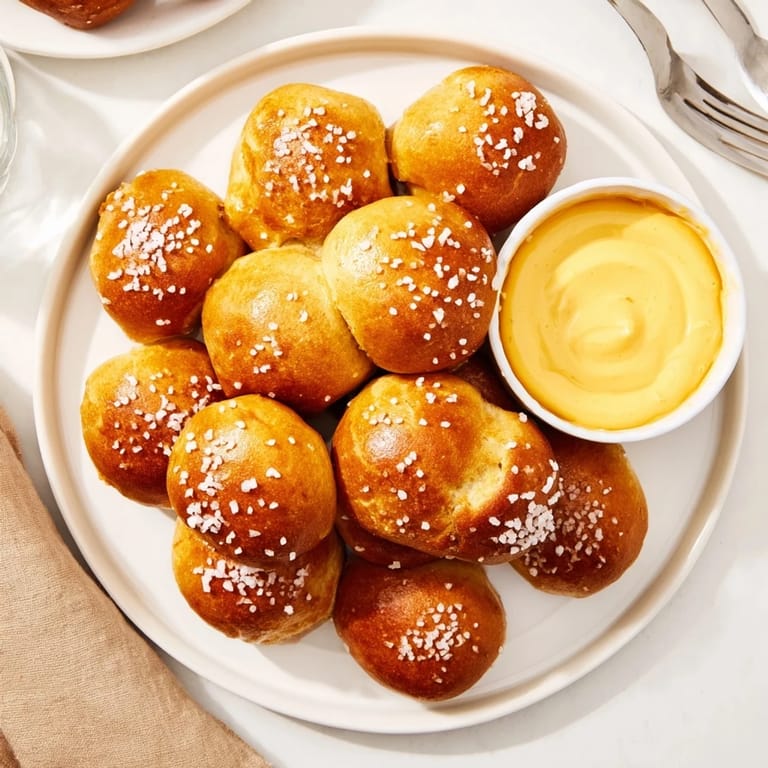 Warm, golden Pretzel Bites with Cheese Dip served beside a bowl of creamy, spicy cheddar sauce.