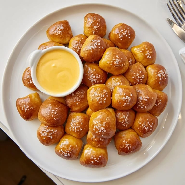 Homemade soft Pretzel Bites with Cheese Dip on a platter, perfect for game day snacking.