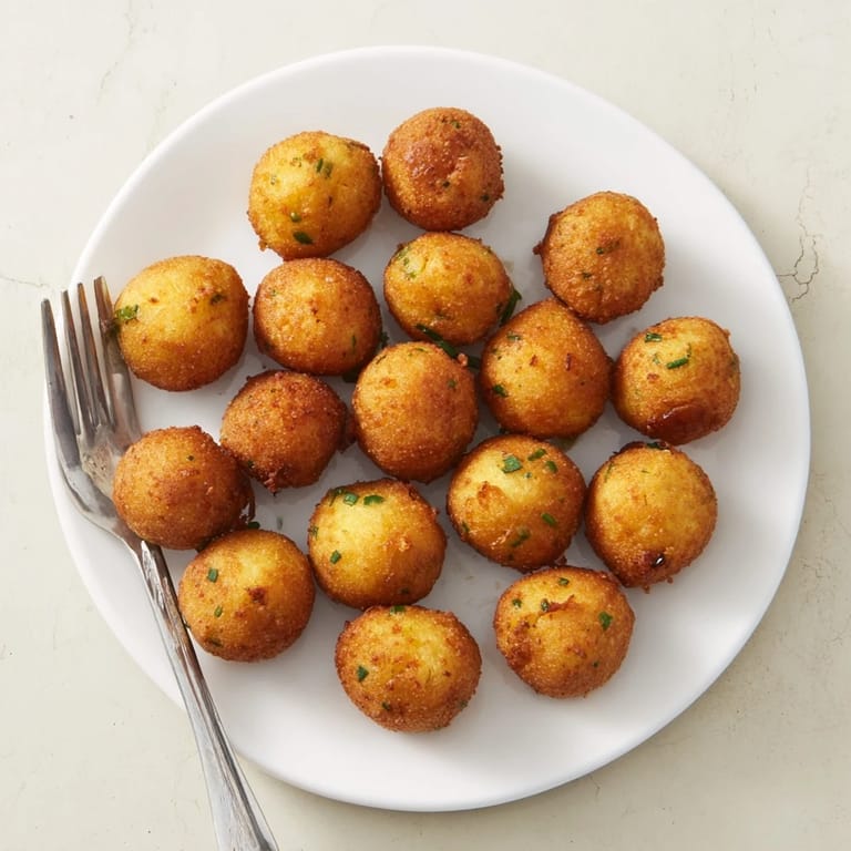 Steamy, freshly cooked hushpuppies featuring diced onions and herbs, perfect for a family style side dish.