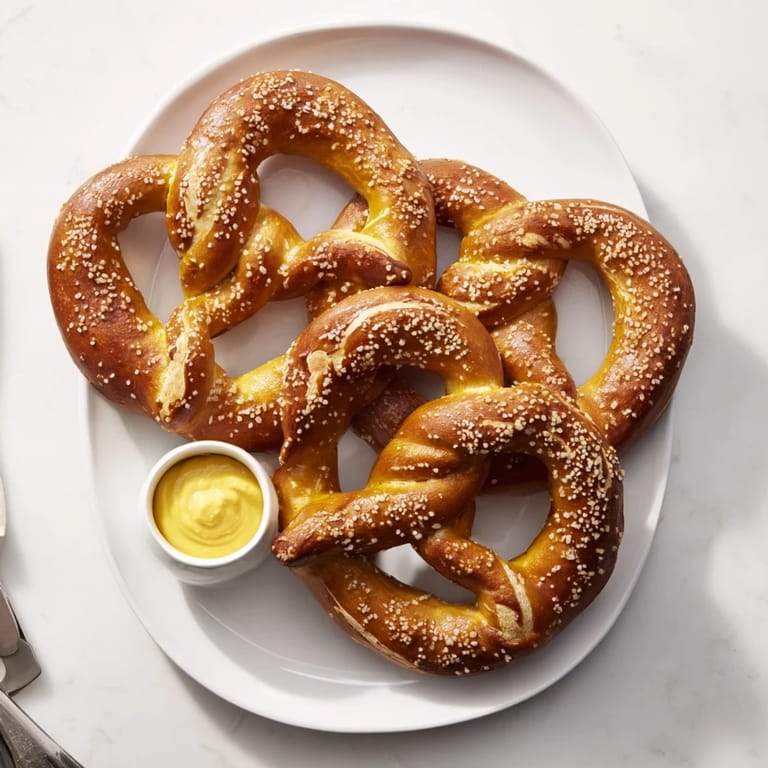 Perfectly twisted soft pretzels display a deep golden-brown crust and tender, chewy interior, served warm on a rustic wooden board.