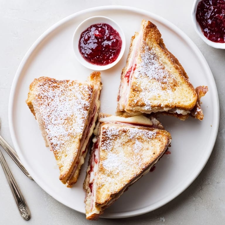 A golden-brown Monte Cristo sandwich with a side of raspberry jam, ready to be enjoyed with a fork and knife for brunch.