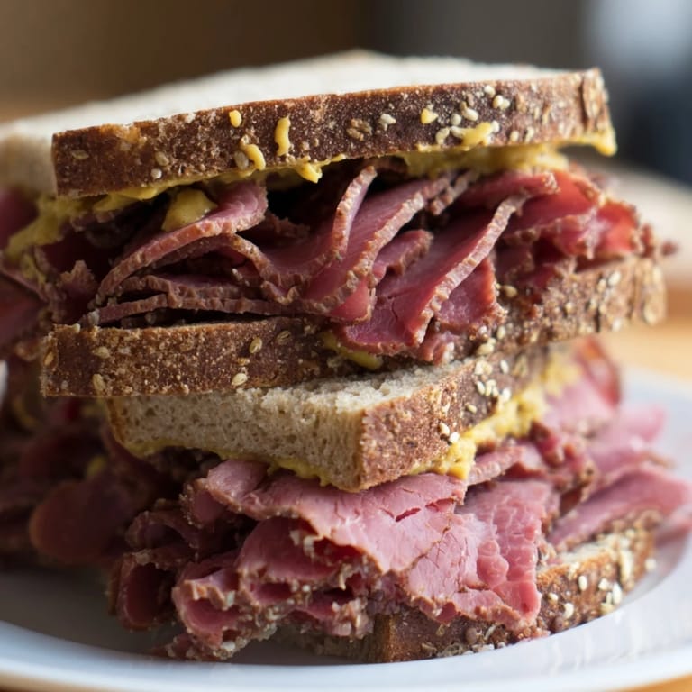 A classic Pastrami on Rye sandwich, ready to serve with a crunchy dill pickle spear on the side.
