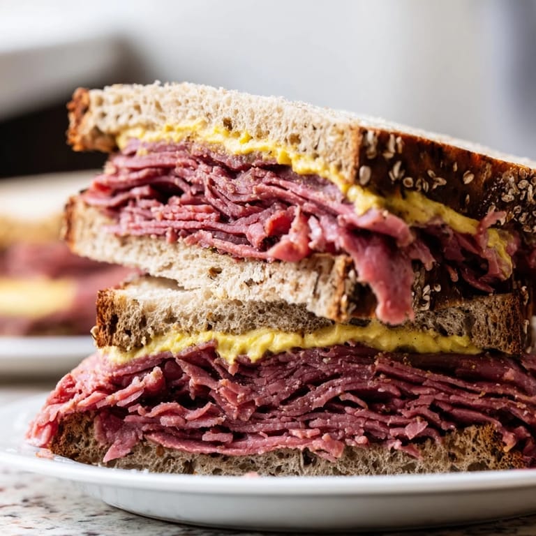 Hand assembling a Pastrami on Rye, spreading yellow deli mustard on fresh rye bread for an authentic lunch.