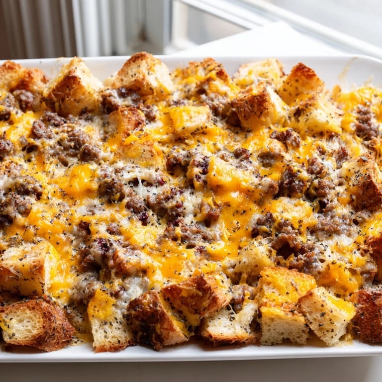 Comforting Breakfast Sausage Casserole served warm for brunch, garnished with fresh herbs and ready to enjoy with coffee.