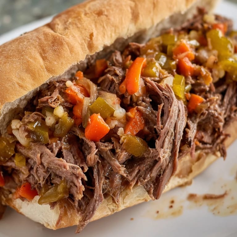 Close-up of slow-cooked shredded beef piled in an Italian Beef Sandwich, ready to serve with dipping jus.