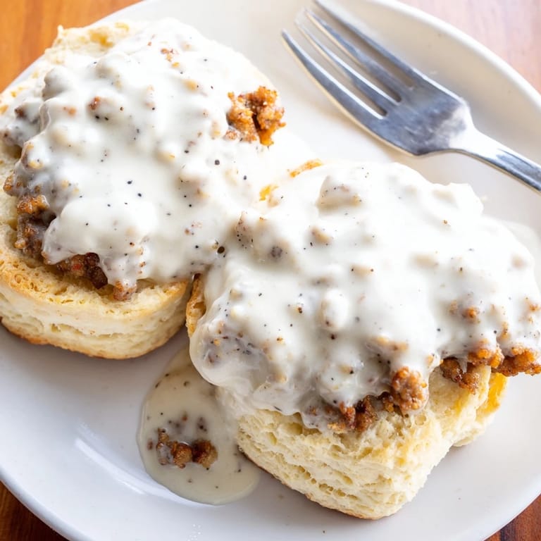 Split warm biscuits generously topped with homemade rich sausage gravy served hot for breakfast.