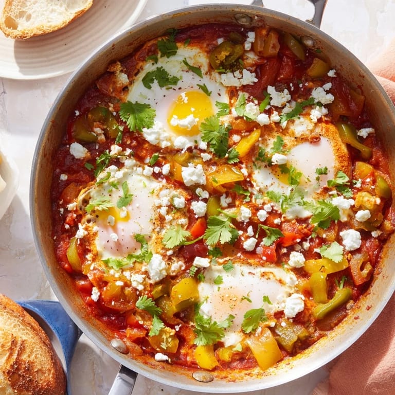 A savory skillet of Shakshuka topped with fresh cilantro and feta, served alongside warm crusty bread for a hearty brunch.