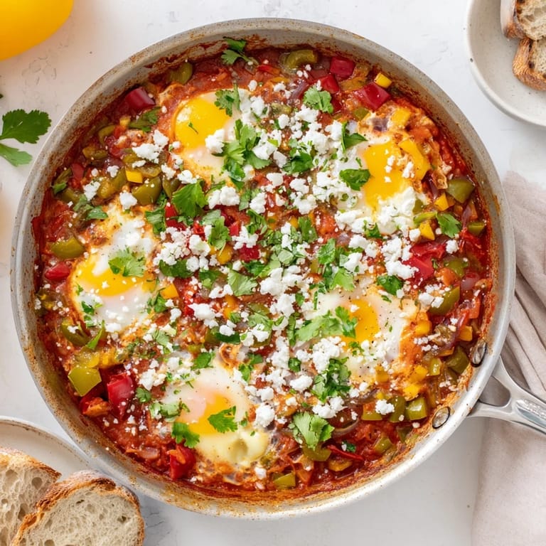 Colorful Shakshuka with perfectly poached eggs nestled in a vibrant tomato and bell pepper sauce, garnished with fresh herbs.